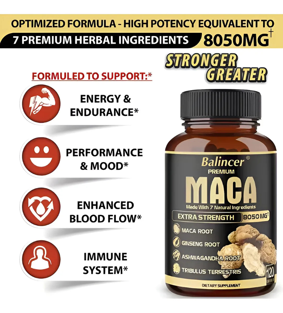 Balincer Raíz de Maca Premium, Aumenta Energía y Rendimiento 120 capsulas de 8050 mg